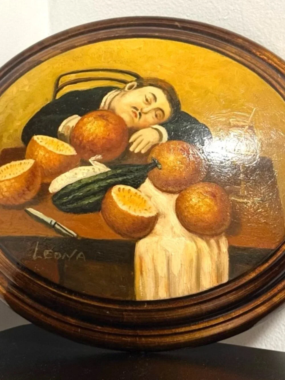 Botero Style Sleeping Man Hand Painted Oil Painting Mid-Century Artwork Signed